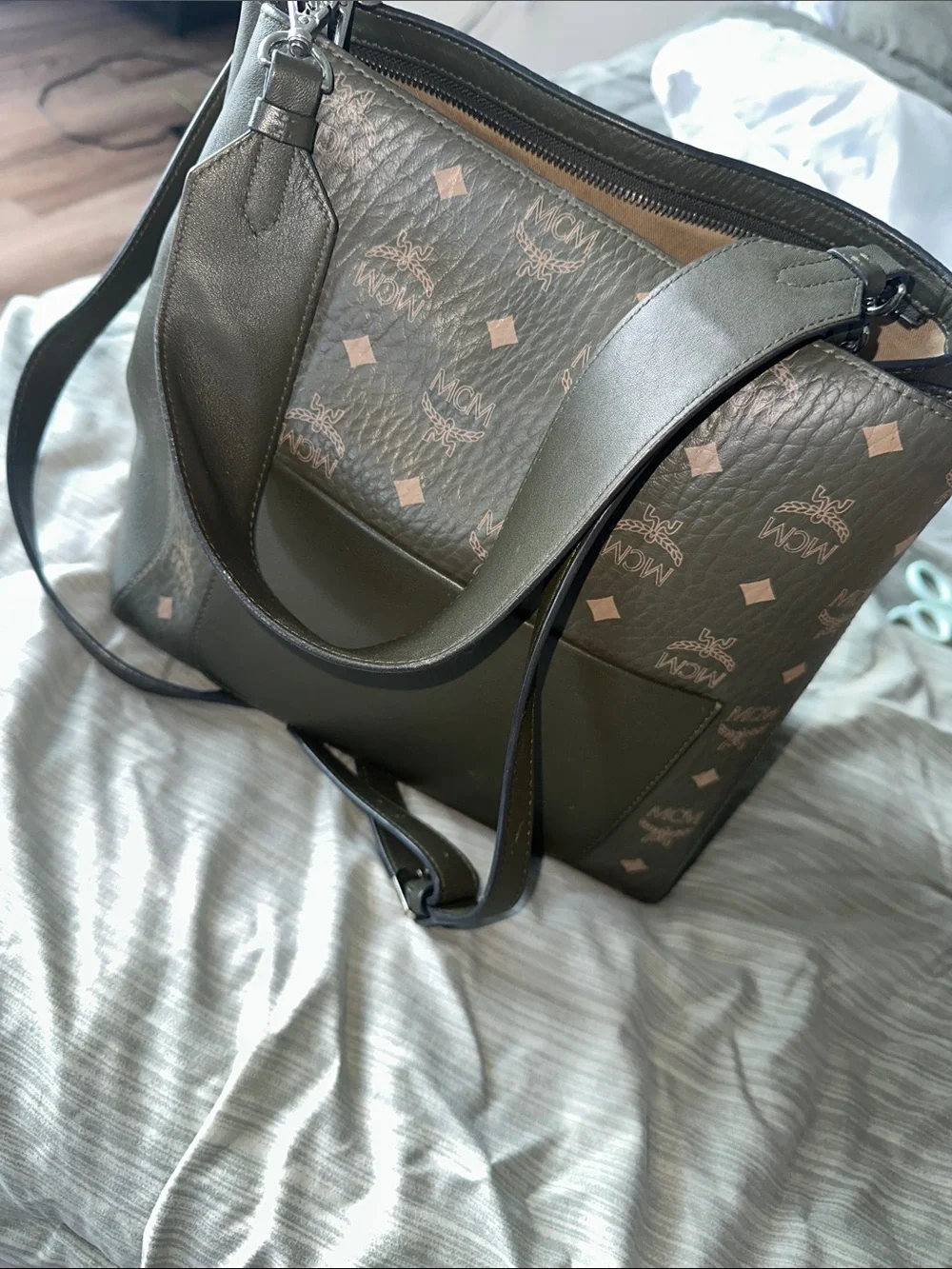 MCM Olive Brown Monogram Canvas Shoulder Bag 100% AUTHENTIC - Picture 8 of 11